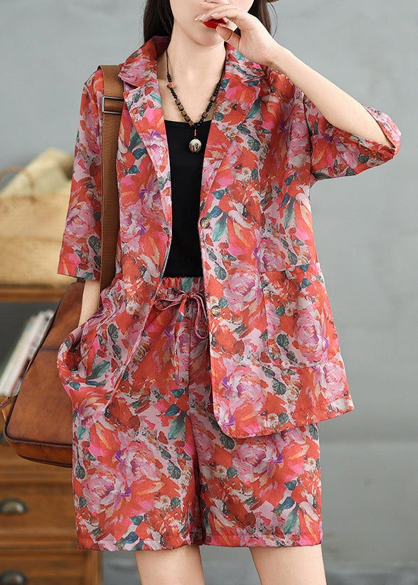 Loose Peter Pan Collar Print Coat and Shorts Cotton Two Pieces Set Summer