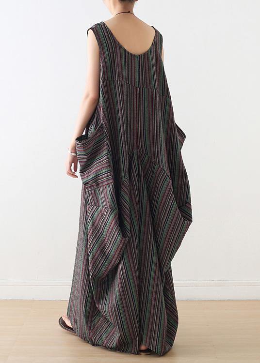 Handmade V Neck Cotton Clothes Linen Striped Maxi Dresses Summer
