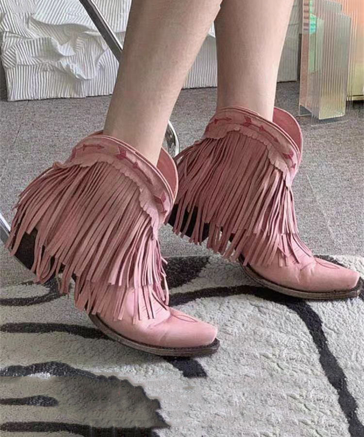 Splicing Chunky Boots Embroidered Pink Faux Leather