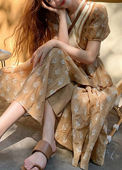 Champagne V Neck Print Wrinkled Cotton Long Dress Summer