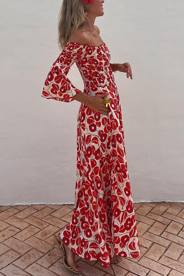 Close to the Vacation Print Smocked Off Shoulder Pocketed Maxi Dress