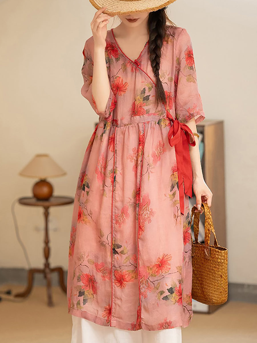 Summer Flower Strap V-neck Ramie Dress