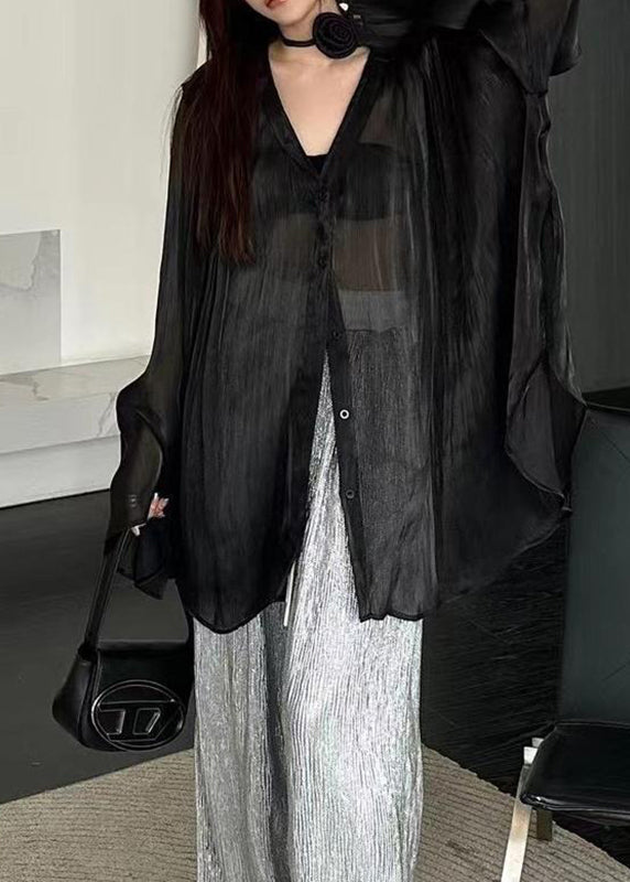 Natural Black V Neck Tie Waist Shirts Long Sleeve