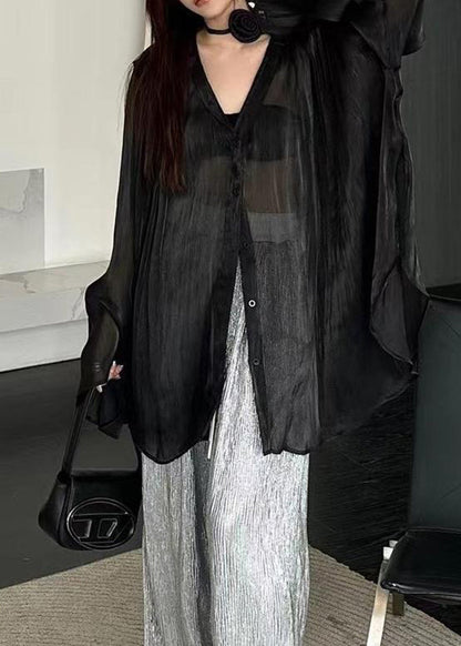 Natural Black V Neck Tie Waist Shirts Long Sleeve
