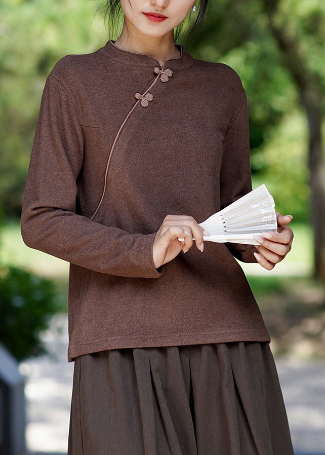Coffee Stand Collar Oriental Button Cotton Tops Spring
