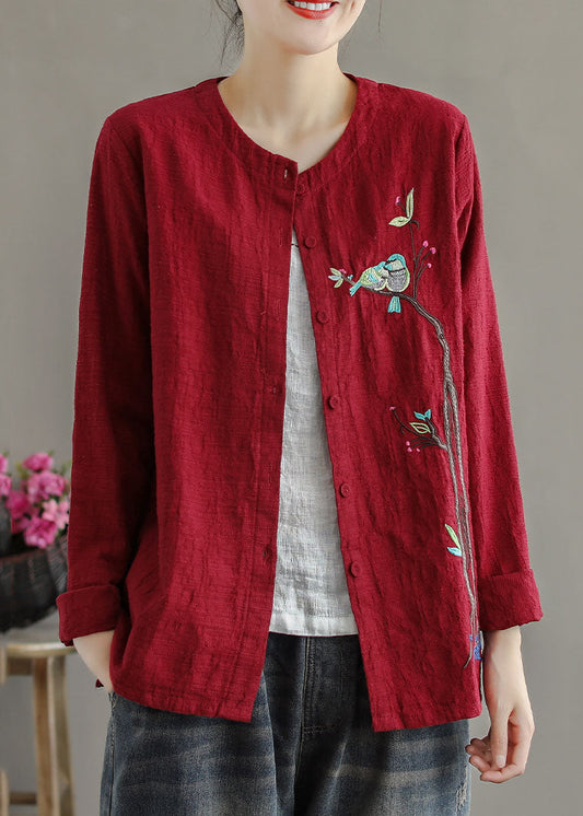 Red Embroidered Patchwork Cotton Cardigans Coats Spring