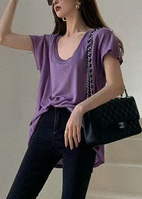 Loose Purple U Neck Cotton T Shirts Summer