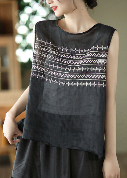 Black Embroidered Linen Tank Tops Sleeveless