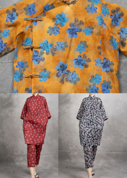 Chinese Style Black Print Tops and Pants Linen Two Pieces Set Summer