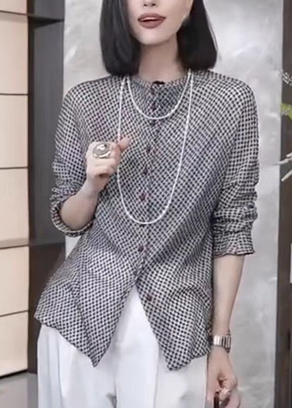 Grey Button Dot Print Cotton Top Fall