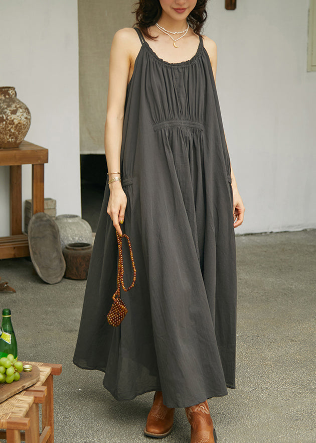 Dark Grey Wrinkled Cotton Spaghetti Strap Dress Sleeveless