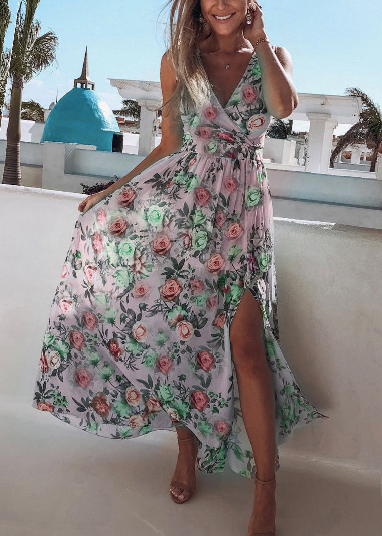 French Pink Print Side Open Chiffon Dress Sleeveless
