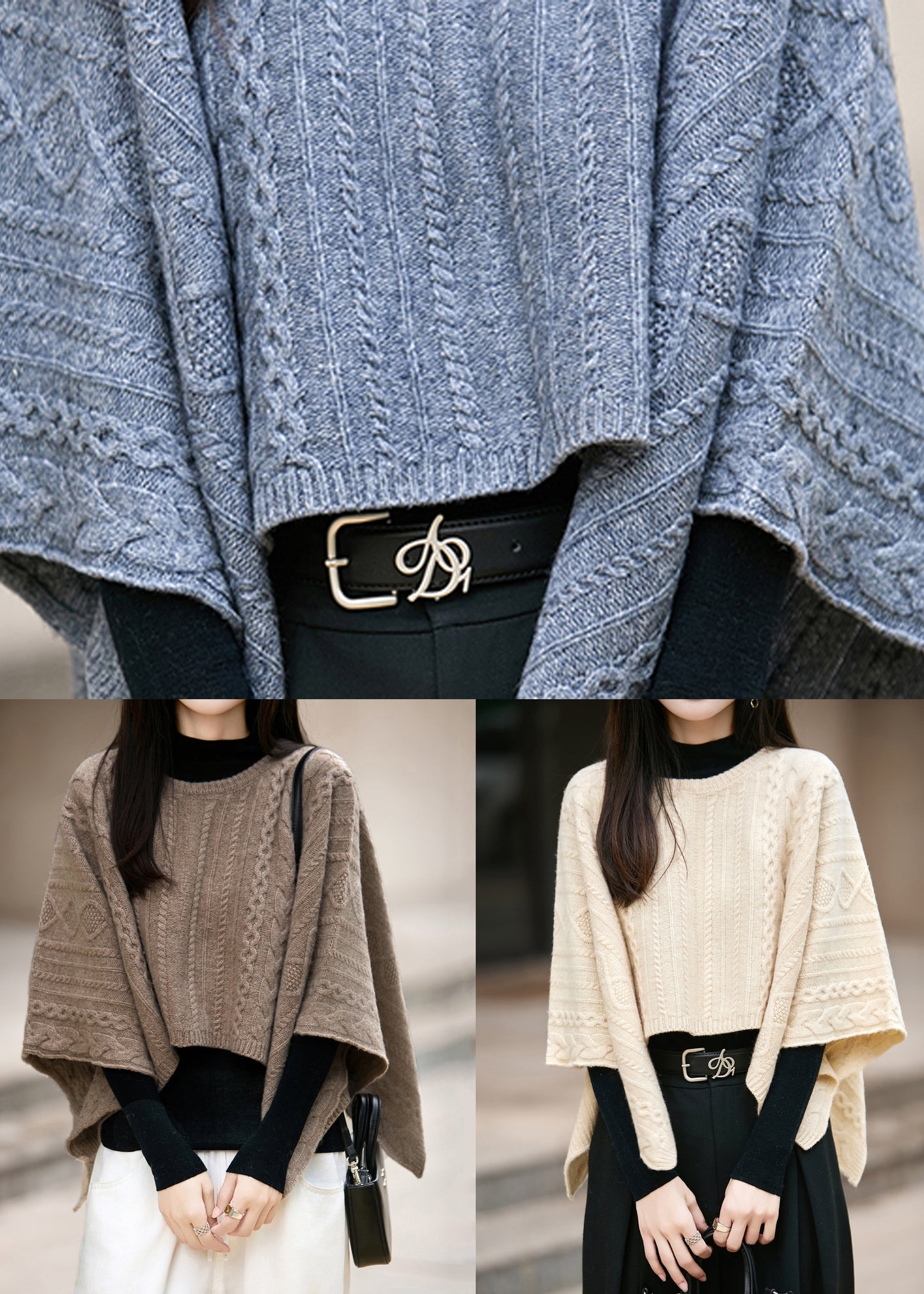 Blue Cozy Thick Woolen Sweater O Neck Batwing Sleeve
