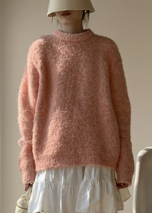 Loose Pink O-neck Fluffy Sweaters Winter
