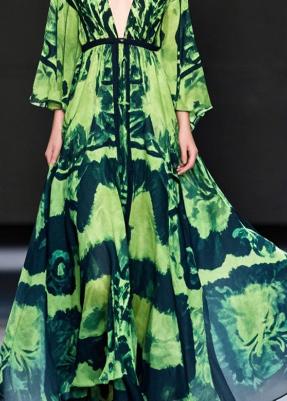 Green Print Chiffon Ankle Dress Deep-v Neck Exra Large Hem Fall
