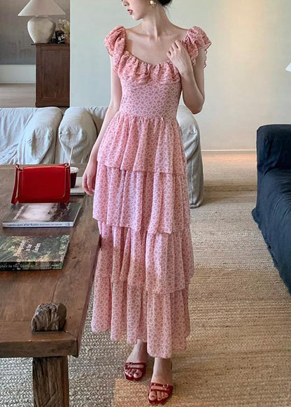 Pink Ruffled Print Chiffon Long Dress Summer