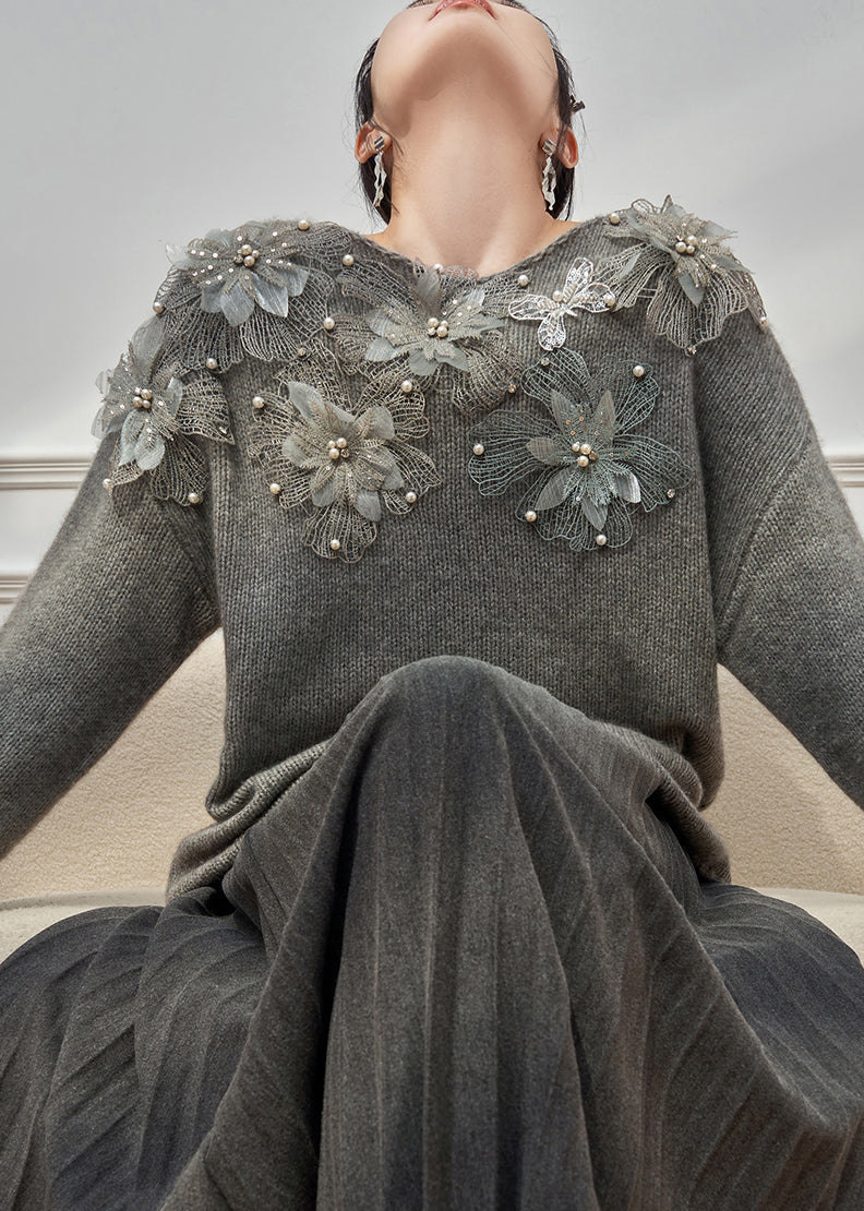 Original Grey O Neck Pearl Knit Cardigan Winter