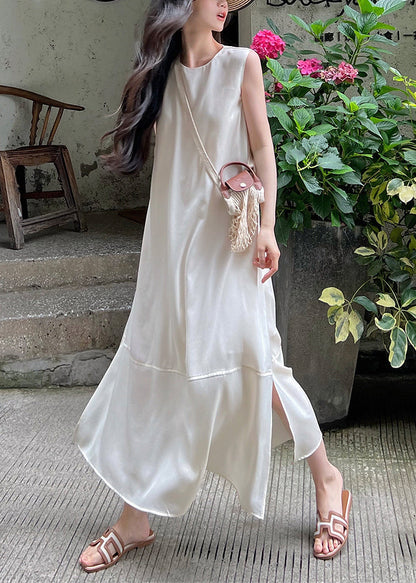 White O-neck Side Open Silk Long Dress Sleeveless
