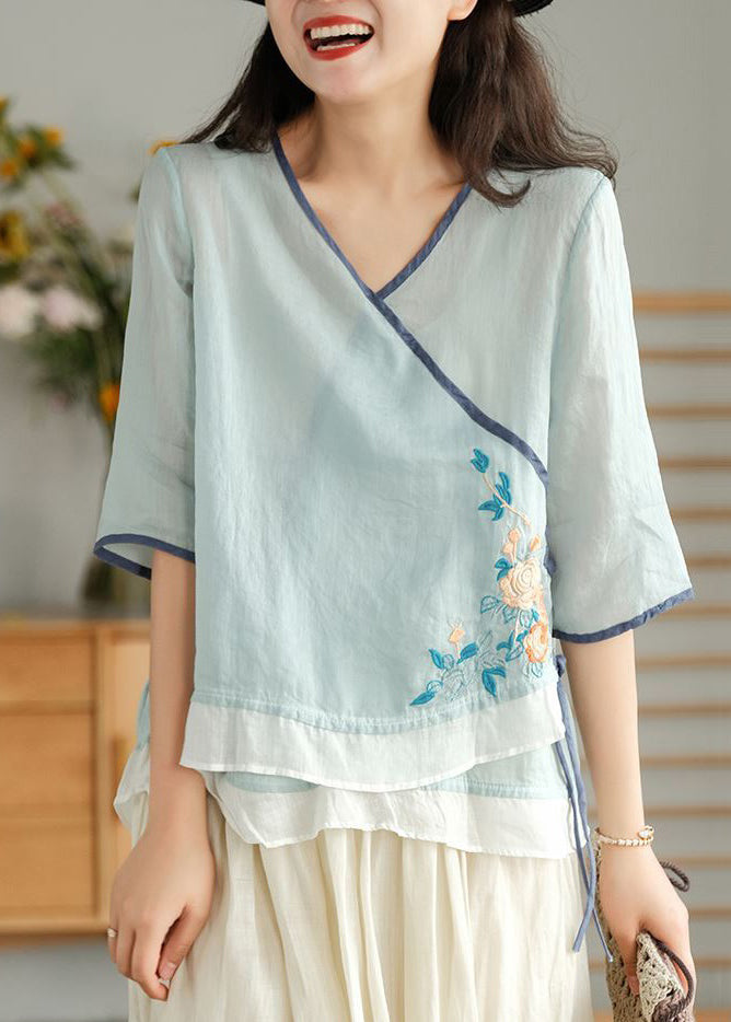 Light Blue O Neck Asymmetrical Lace Up Linen Top Spring