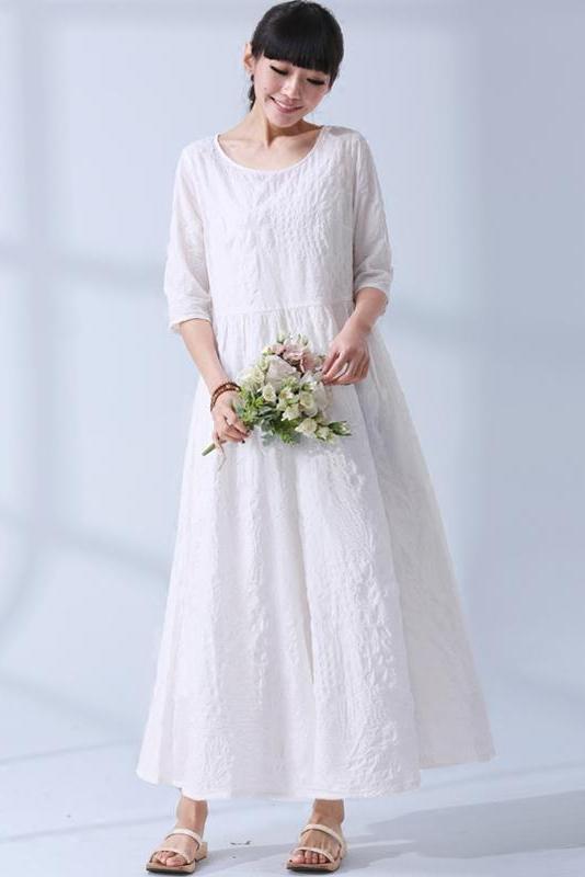 National Wind Summer Jacquard Cotton Linen Loose Maxi Long Dress