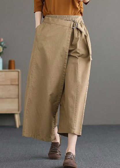 Khaki Cotton Wide Leg Pants Elastic Waist Asymmetrical Summer
