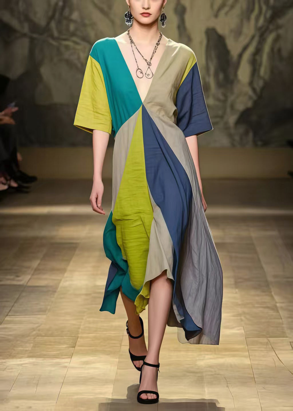 Multicolour Patchwork Cotton Dress Asymmetrical Exra Large Hem Summer