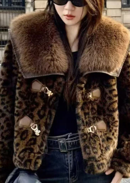 Leopard Peter Pan Collar Button Mink Hair Coats Winter