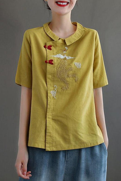 Embroidered Turn Down Collar Linen Retro T-shirt