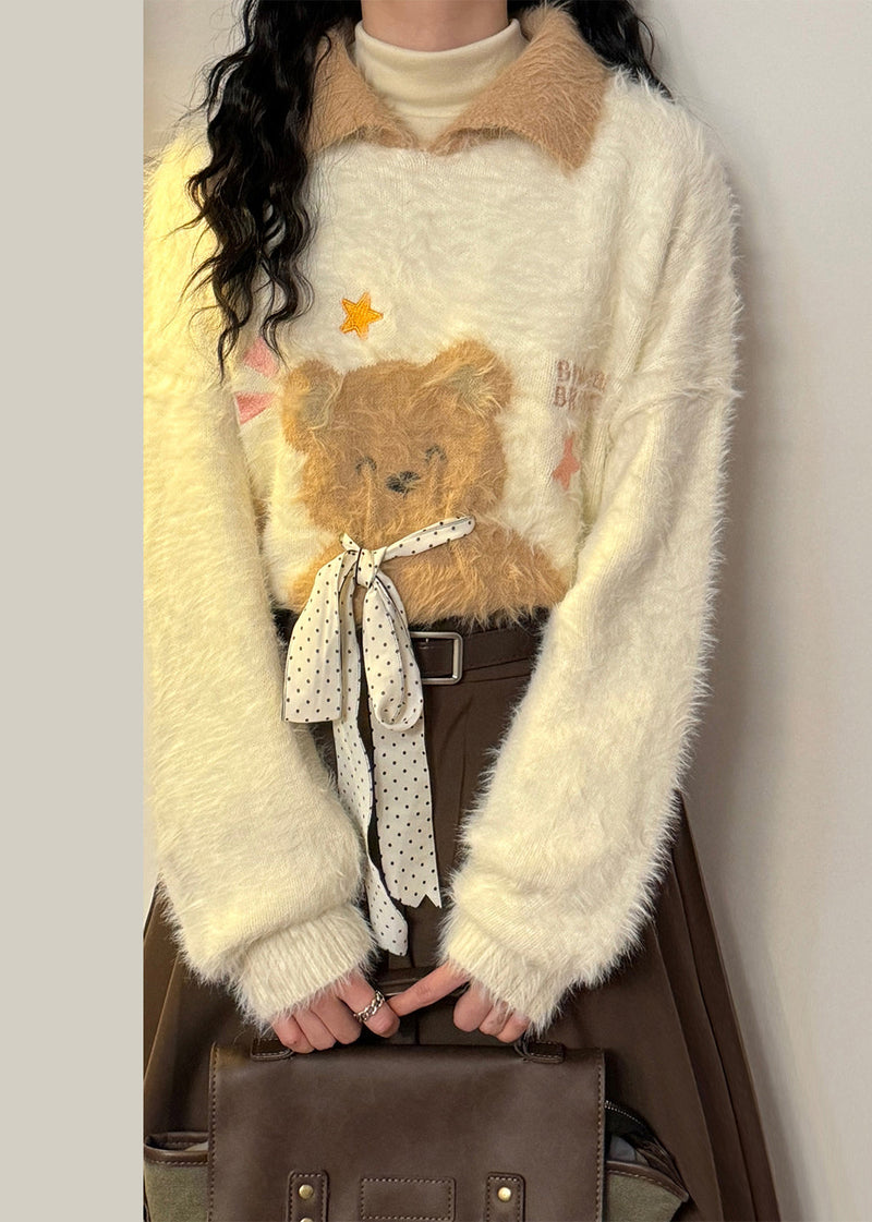 Apricot Peter Pan Collar Little Bear Bow Mink Hair Knitted Sweaters Winter