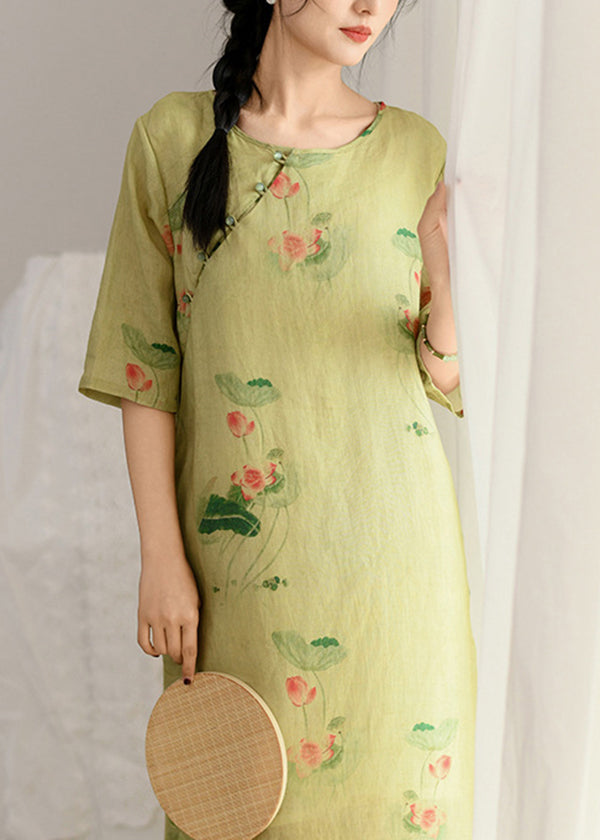 New Pink O Neck Print Linen Long Dress Summer
