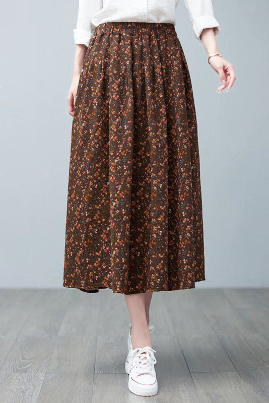 Spring Cotton Linen Print Skirt High Waist A-line Skirt