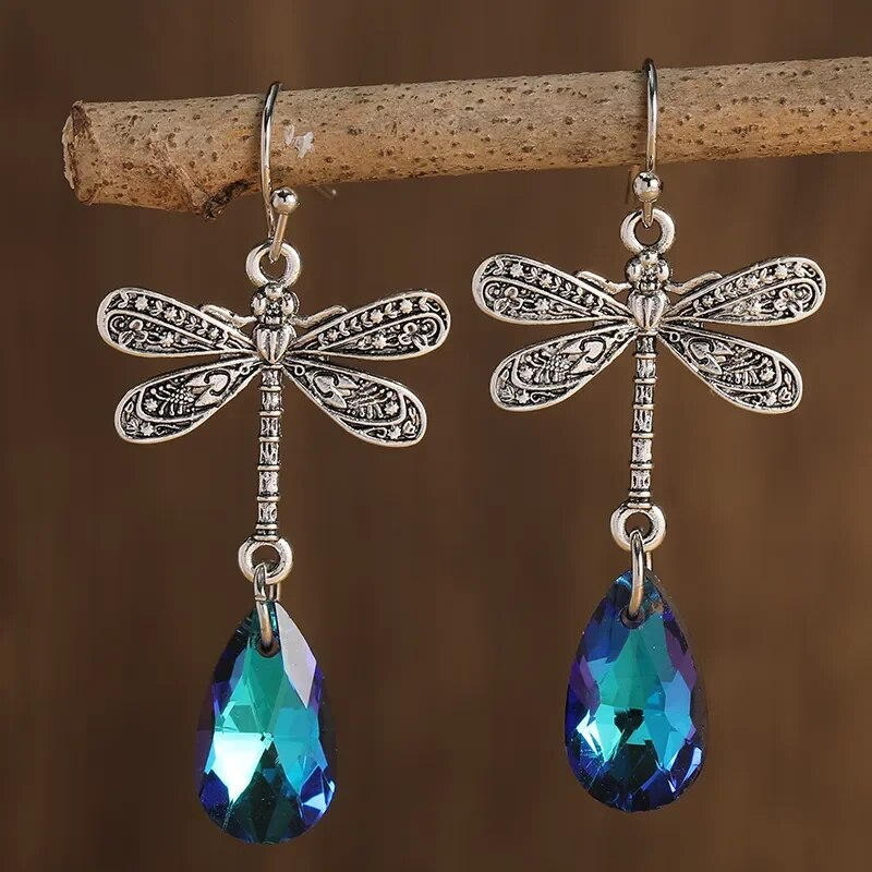 Blue Zirconia Drop Dragonfly Earrings