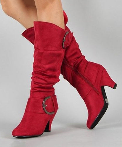 American Style Red Zippered Splicing Chunky Suede Boots Pointed Toe