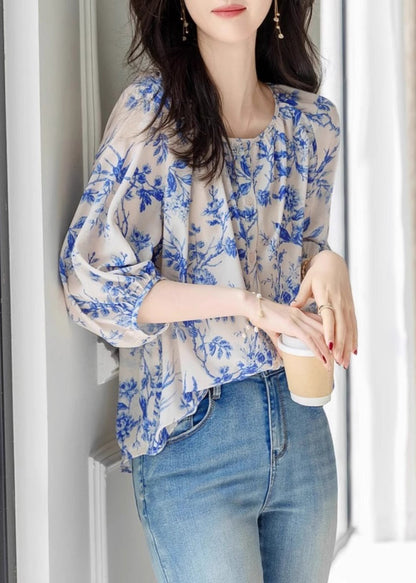 Blue O-neck Print Chiffon Top Summer