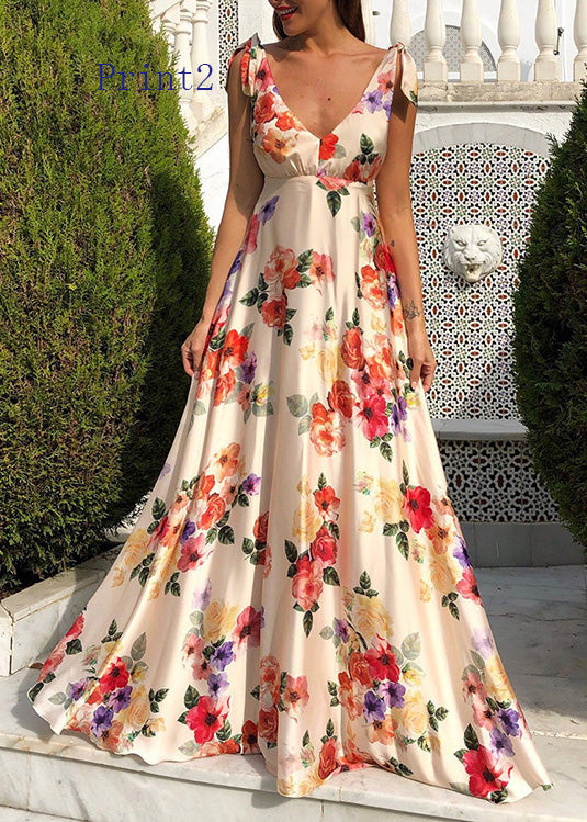 European and American Backless Print Dress Large Swing Sleeveless Design