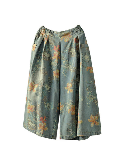 Light Blue Elastic Waist Pockets Print Cotton Wide Leg Pants Spring