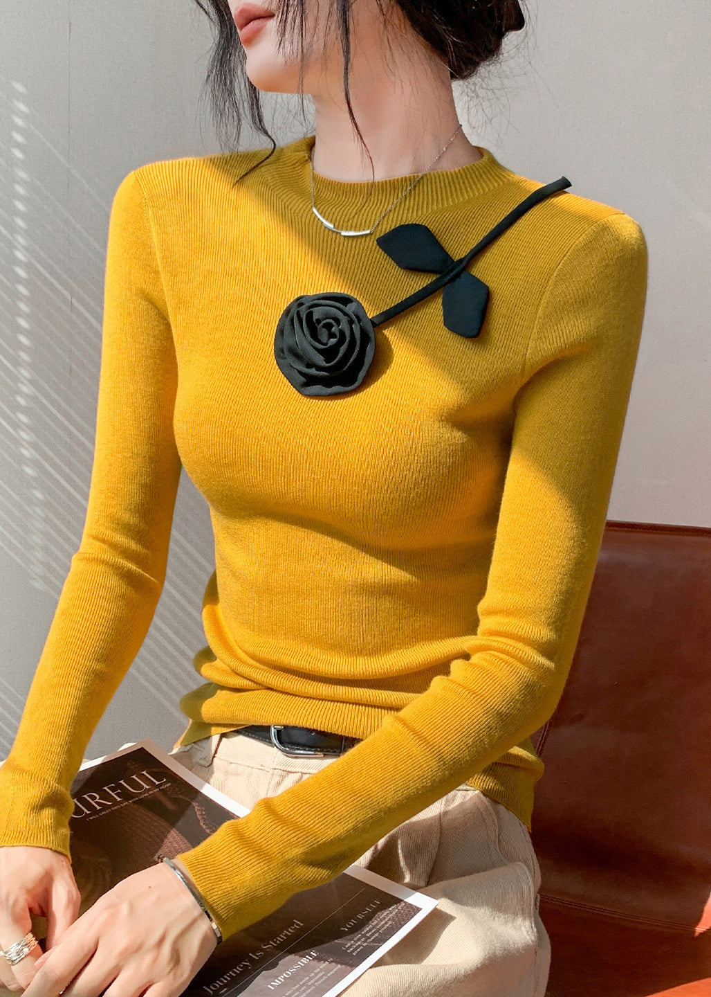 Yellow Decorated Silm Fit Knit Tops Spring