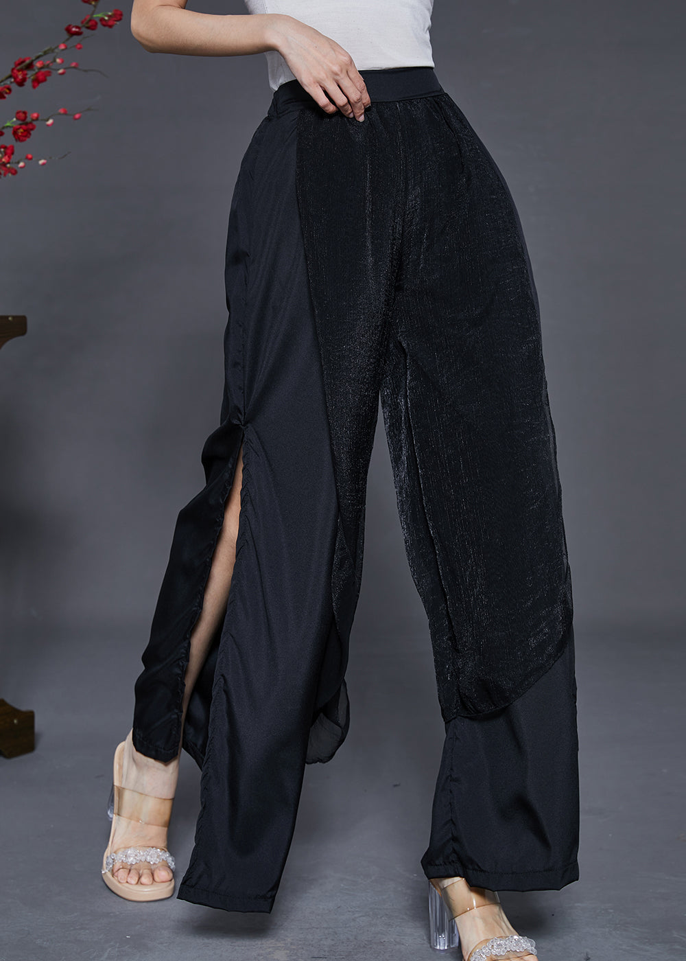 Black Side Open Chiffon Wide Leg Pants Summer