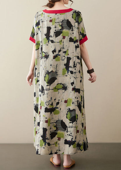Green V Neck Print Patchwork Linen Long Dresses Summer