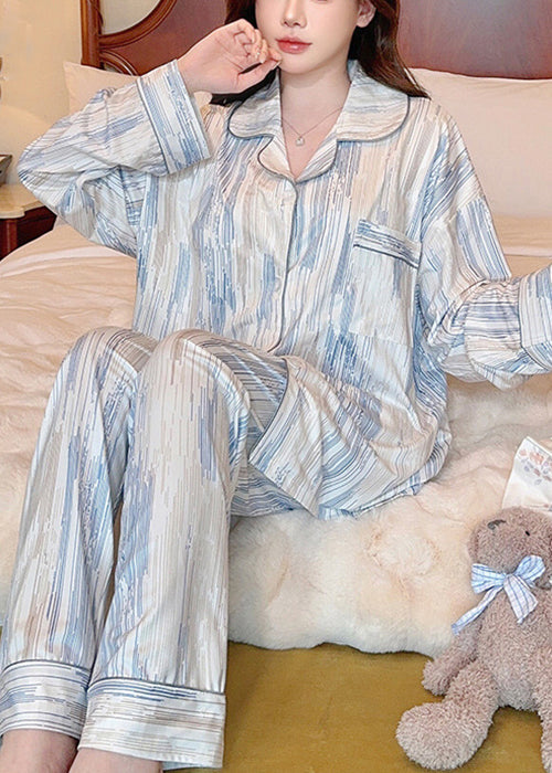 Striped Peter Pan Collar Button Cotton Pajamas Two Pieces Set Spring