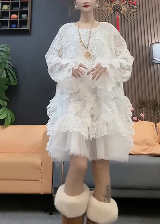 Style White O Neck Tulle Patchwork Lace Dresses Spring