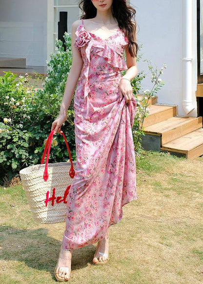 Pink V Neck Print Spaghetti Strap Dress Sleeveless
