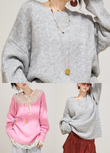 Grey Cozy Knit Sweater Tops Oversized Winter