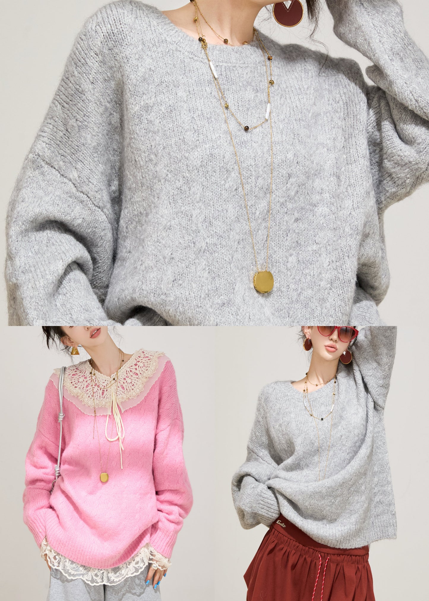 Grey Cozy Knit Sweater Tops Oversized Winter