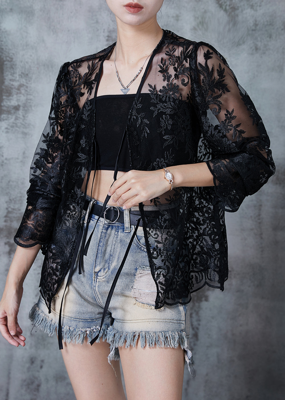 Italian Black Embroidered Tulle Upf 50+ Cardigan Summer