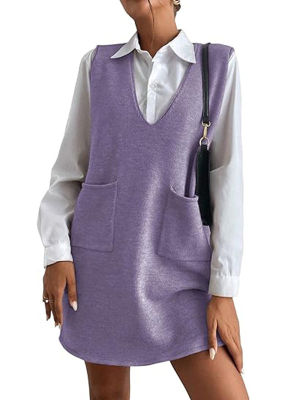 Simple Pink V Neck Pockets Knit Vest Dress Sleeveless