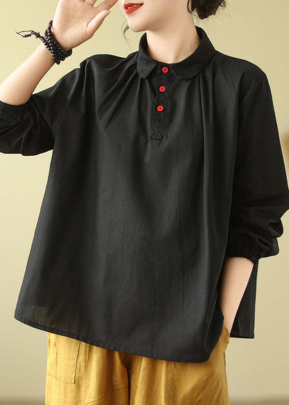 Black Peter Pan Collar Wrinkled Cotton Shirts Fall