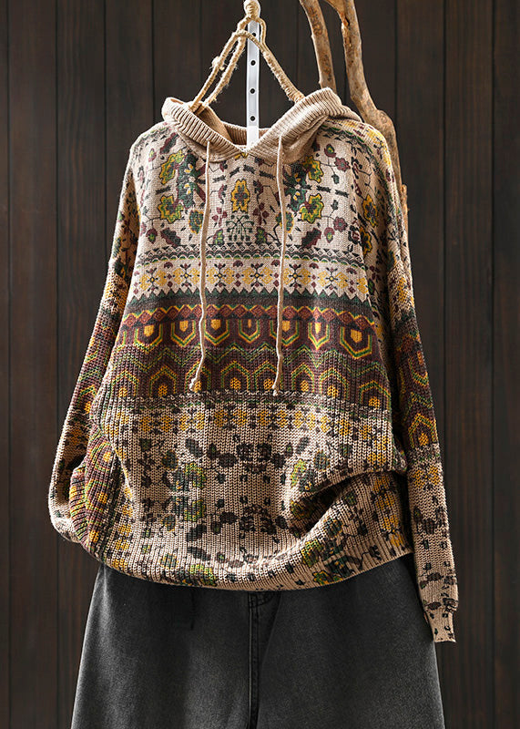 Khaki Hooded Print Cotton Knit Sweater Tops Spring