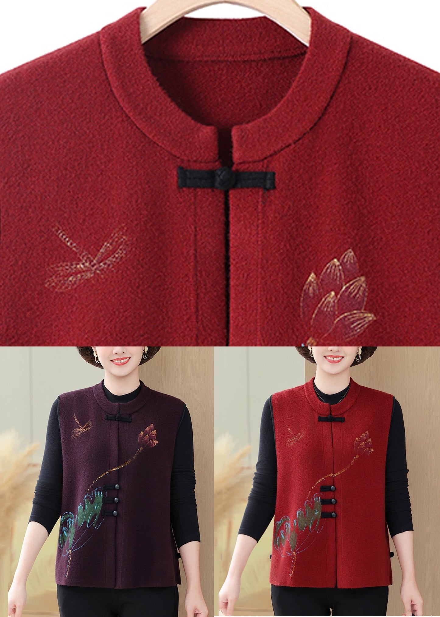 Red Embroidered Knit Waistcoat Sleeveless