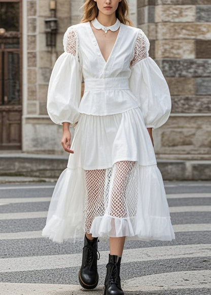 White Hollow Out Patchwork Lace Cotton Vestidos Dress Puff Sleeve